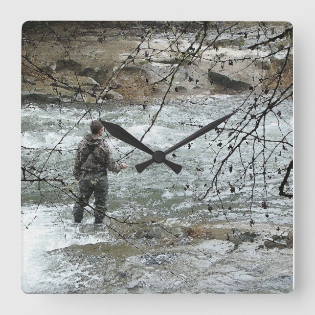 Fischfang Fly Fishing River Steelhead Quadratische Wanduhr (Vorderseite)