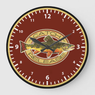 Fischfang mit Bachforellen und Freilassung von Fis Große Wanduhr