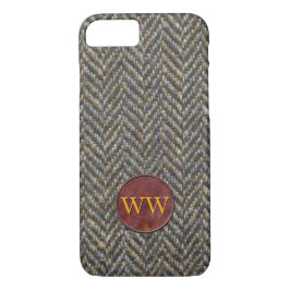 Fischgrätenmuster-Tweed und Leder-Monogramm iPhone 8/7 Hülle