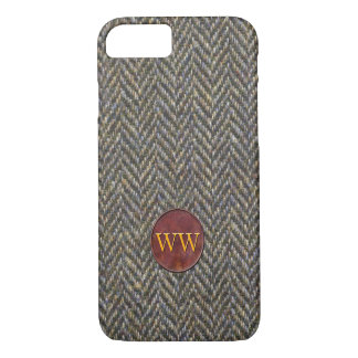 Fischgrätenmuster-Tweed und Leder-Monogramm iPhone 8/7 Hülle