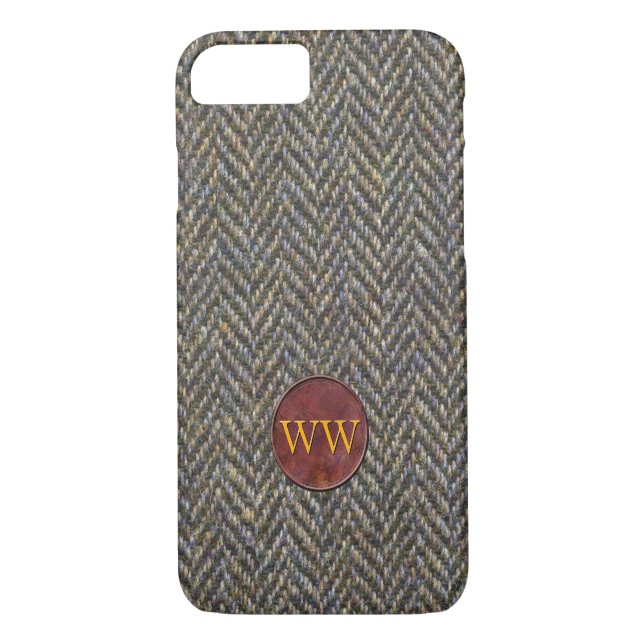 Fischgrätenmuster-Tweed und Leder-Monogramm Case-Mate iPhone Hülle (Rückseite)