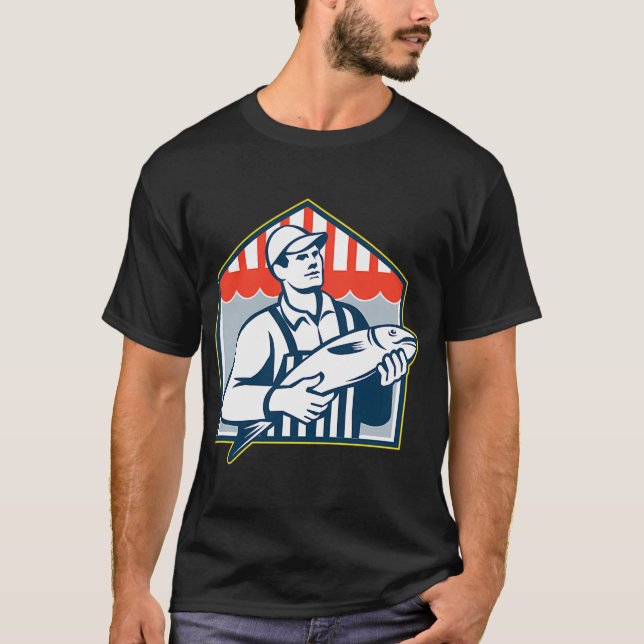 Fischhändler hält Retro-Fisch T-Shirt (Vorderseite)