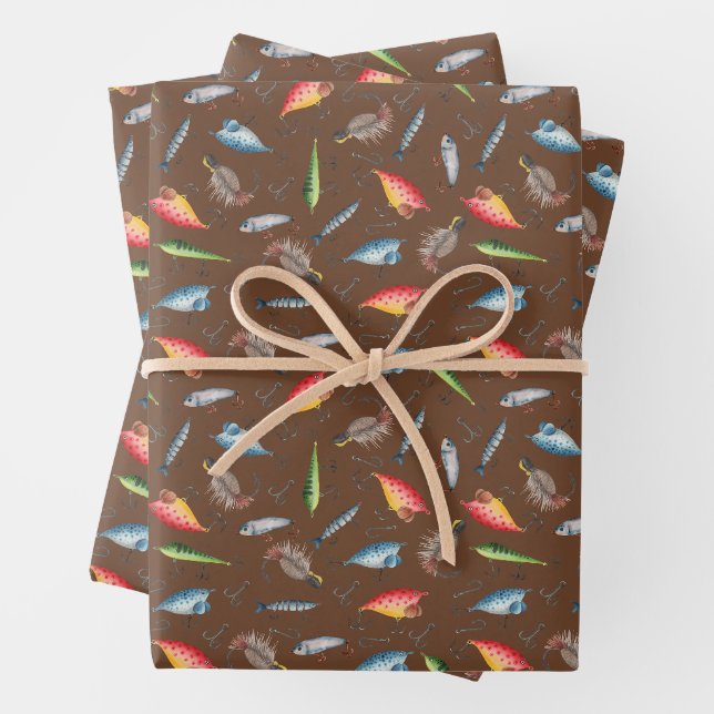 Fischköpfe auf dunkelbraunen Fischen Geschenkpapier Set (Beispiel)