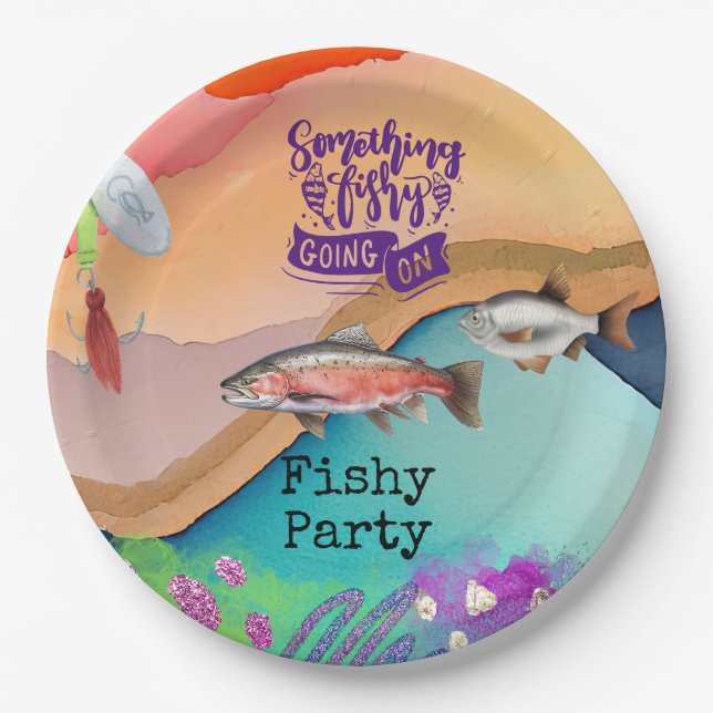 Fischliebhaber Geburtstag mit Fischhaken Aquarell Pappteller (Vorderseite)
