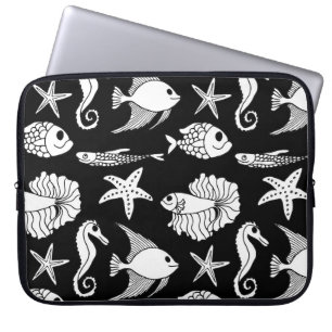 Fischmotiv: Schwarz-weißes Muster. Laptopschutzhülle