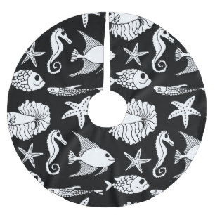 Fischmotiv: Schwarz-weißes Muster. Polyester Weihnachtsbaumdecke