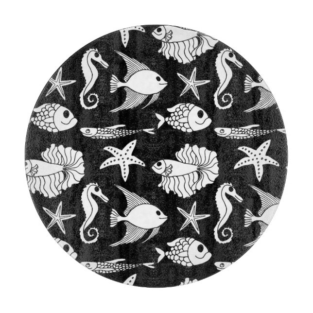 Fischmotiv: Schwarz-weißes Muster. Schneidebrett (Vorderseite)