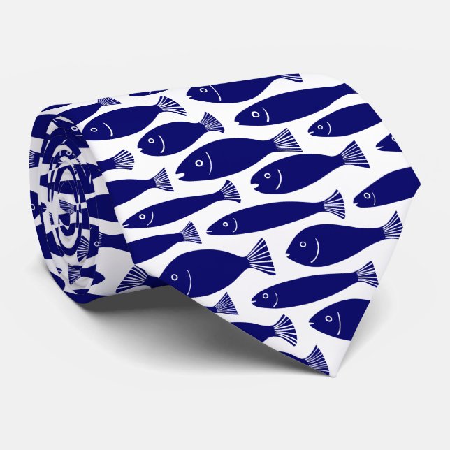 Fischmuster - Dunkles Blau auf Weiß Krawatte (Gerollt)