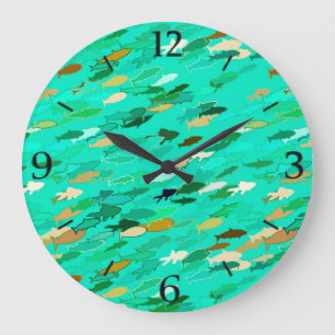 Fischschule, Aqua, Green und Gold Große Wanduhr