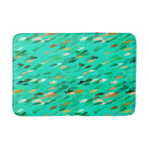Fischschule, Aqua, Grün, Gold Badematte