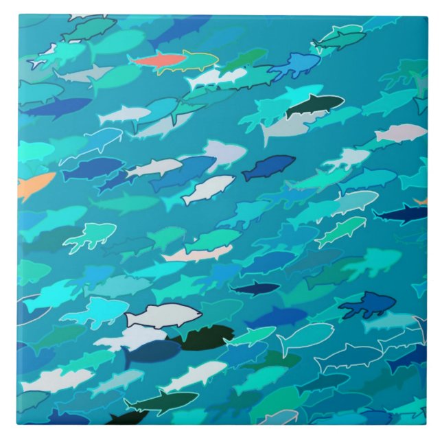 Fischschule, Türkis, Blau und Aqua Fliese (Vorderseite)
