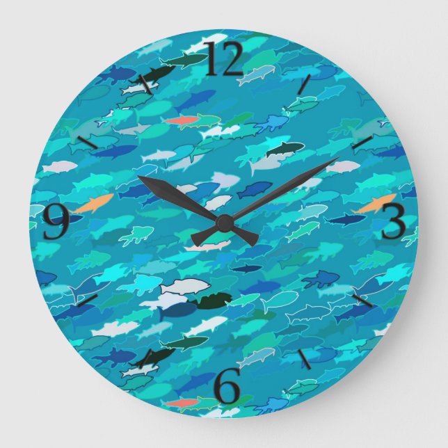 Fischschule, Türkis, Blau und Aqua Große Wanduhr (Vorderseite)