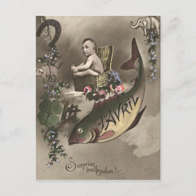 Fish Baby Vierblättriges Kleeblatt Poisson d'avril Postkarte (Vorderseite)