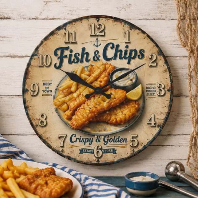 Fish & Chips Vintage Kitchen Große Wanduhr (Von Creator hochgeladen)
