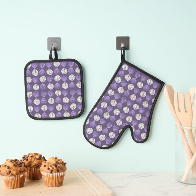 Fish Head Blätter Lilac White Black Ofenhandschuh & Topflappen-Set (Insitu (Hängend))