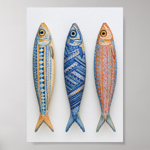 Fish im Rhythmus   Farbige geometrische Volkskunst Poster