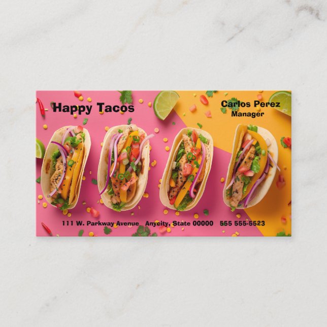 Fish tacos on a colorful background visitenkarte (Vorderseite)