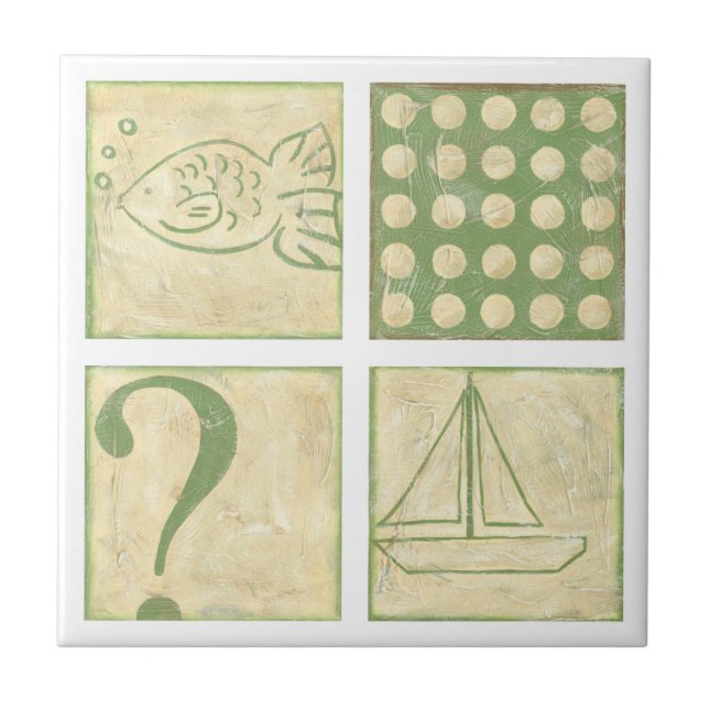 Fish Tale Woodblock Zeichnungen von Chariklia Zarr Fliese (Vorderseite)