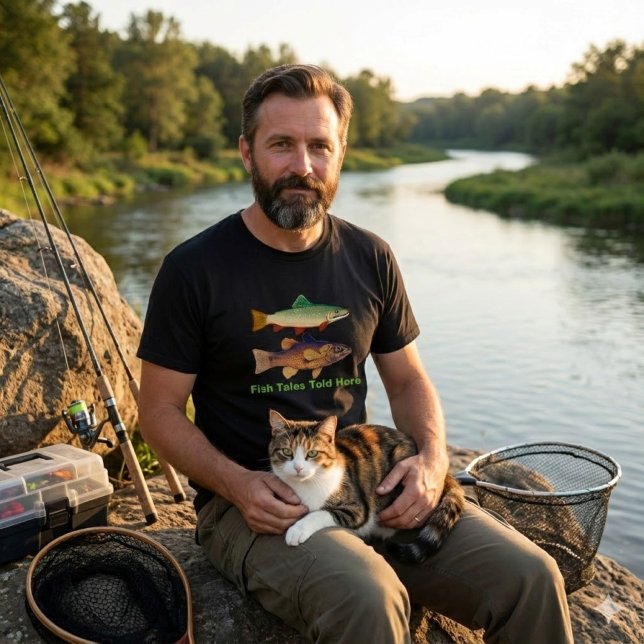 Fish Tales Told Here/Fisherman T-Shirt (Medium weight soft and comfy Tee for guys that like to go fishing with their cat .  Great gift idea )