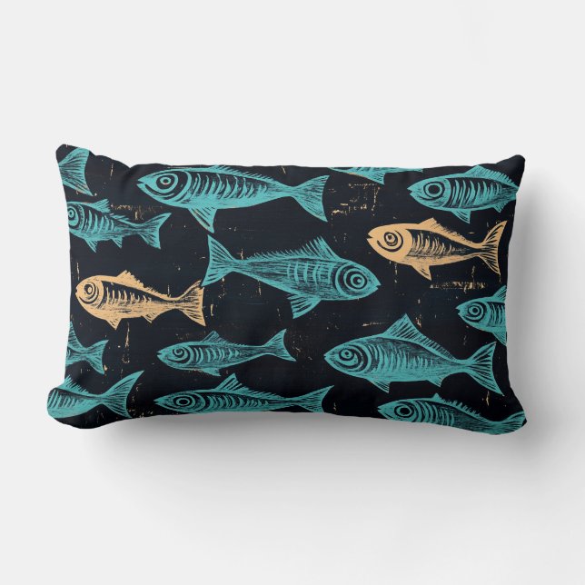 Fish Woodcut Throw Kissen (Vorderseite)