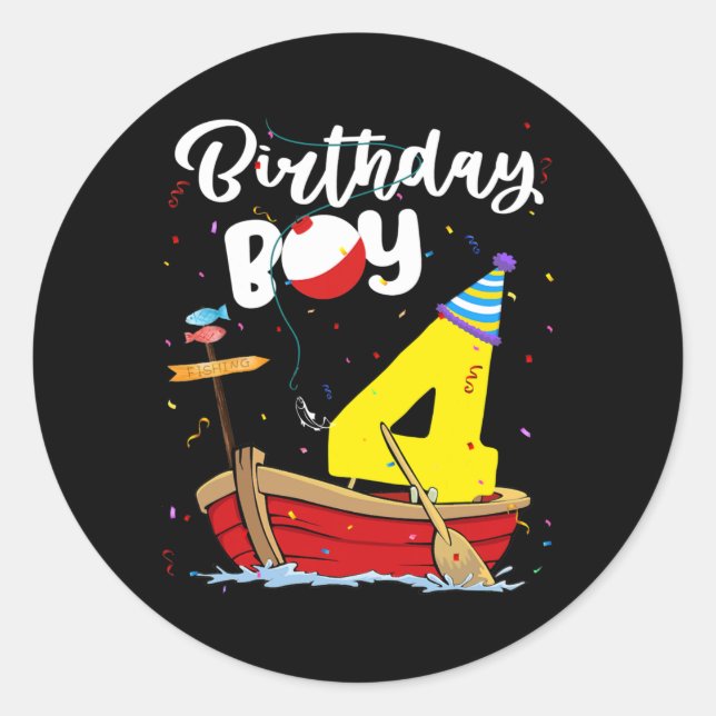 Fisherman 4th Birthday Boy Fishing 4 Year Old Runder Aufkleber (Vorderseite)