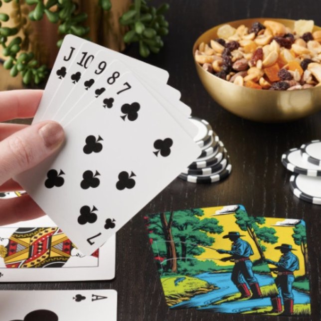 Fisherman auf Riverbank Spielkarten (Retro Cowboy Fishing Riverside Scene Poker type playing cards . Easy to shuffle smooth card stock. )