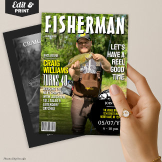 Fisherman Birthday Invite, Fishing Magazine Einladung