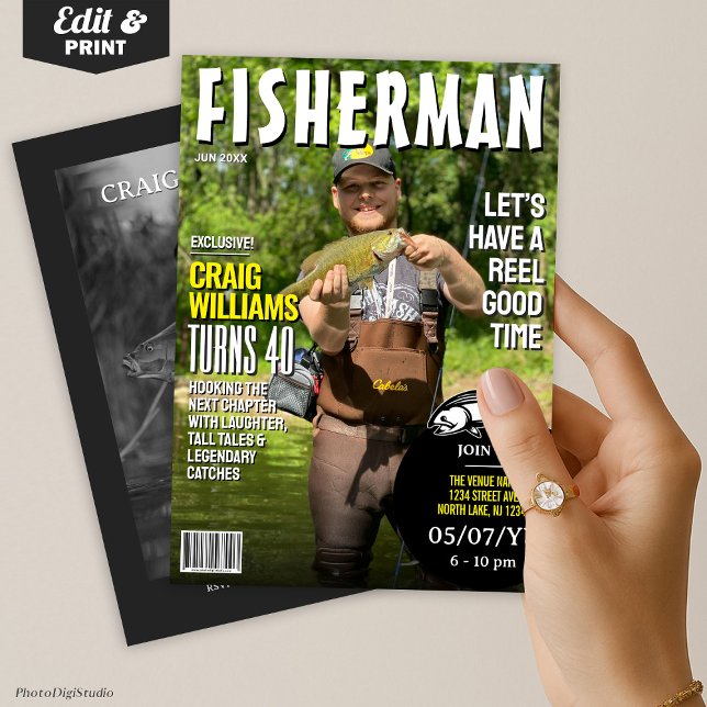 Fisherman Birthday Invite, Fishing Magazine Einladung (Fisherman Birthday Invite, Fishing Magazine Invitation)
