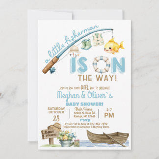 Fisherman / fishing boy reel fun baby shower. einladung