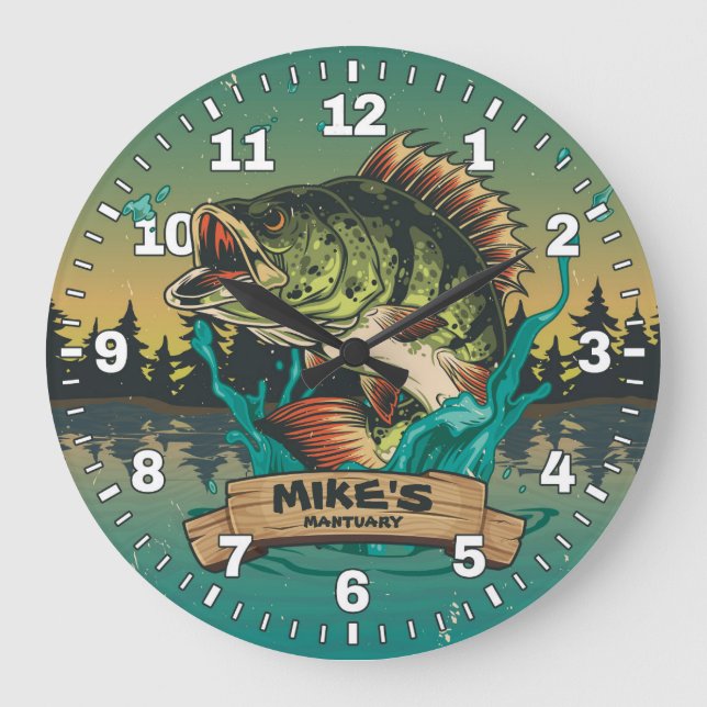 Fisherman Man Cave Bass Lure personalizable Clock Große Wanduhr (Vorderseite)