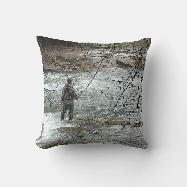 Fisherman River Steelhead Trout Fly Fishing Rapids Kissen (Vorderseite)