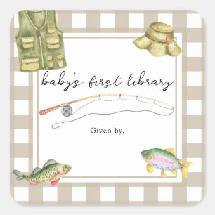 Fishing Baby Shower - Baby's erste Bibliothek Quadratischer Aufkleber