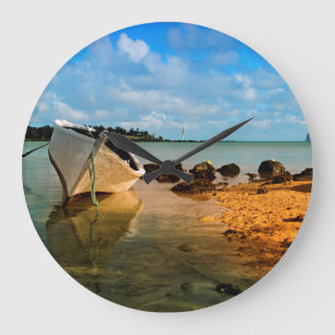 Fishing Boat On Mauritian Beach With Islet Große Wanduhr