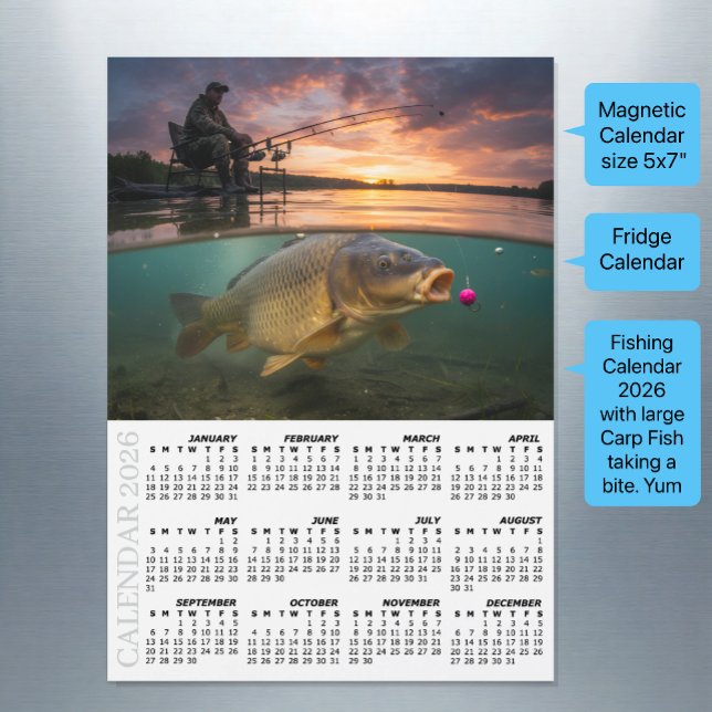 Fishing Fridge Calendar 2026, Carp / Fish Magnetkarte (Fishing Fridge Calendar 2026 / Carp Fish)