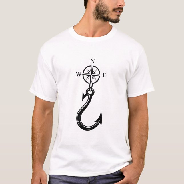 Fishing Hook Compass Tee- Nautical Adventure Style T-Shirt (Vorderseite)