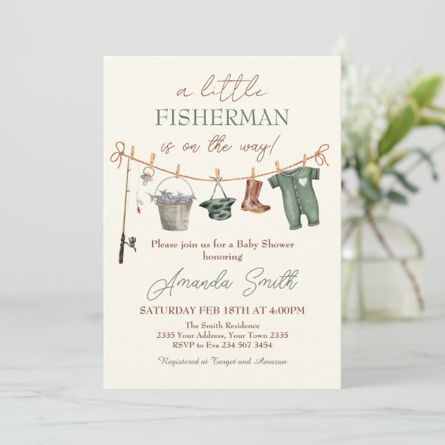 Fishing Reel Excited Boy Baby Shower Invitation Einladung (Stehend Vorderseite)