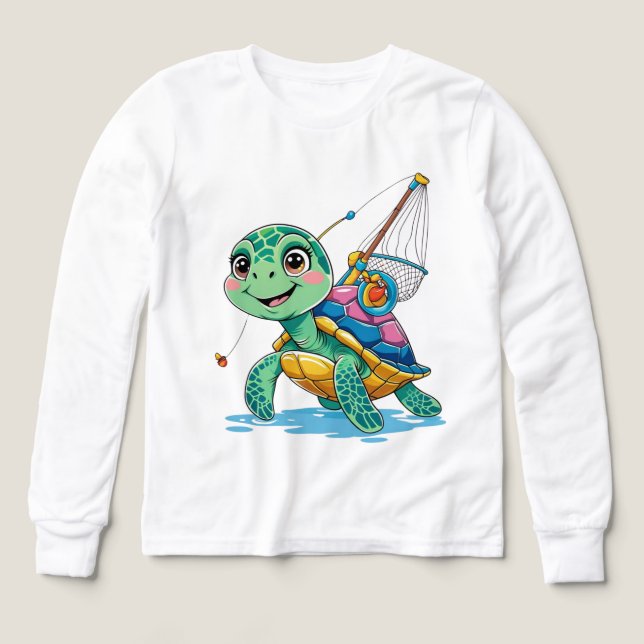 Fishing Turtle – Kids’ Long Sleeve Tee (Design Vorderseite)