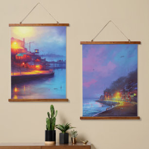 Fishing Village Hanging Tapestry Wandteppich Mit Holzrahmen