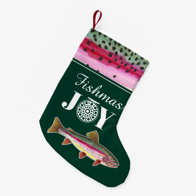 FISHmas JOY Rainbow Trout Fly Fishing Kleiner Weihnachtsstrumpf (Vorderansicht (hängend))