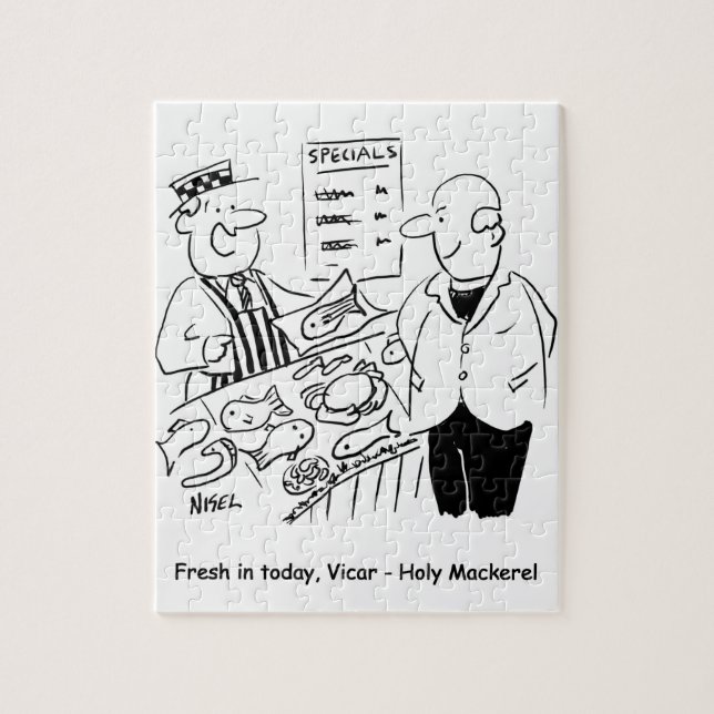 Fishmonger bietet Vicar Holy Mackerel Cartoon (Vertikal)