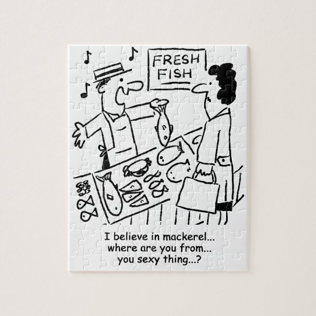 Fishmonger singt über Mackerel-Cartoon (Vertikal)