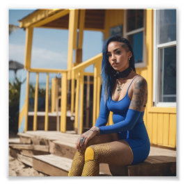 Fishnet Punk Babe sitzt auf Yellow House Porch Fotodruck