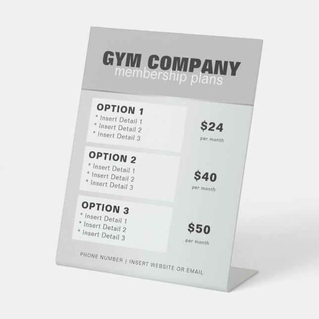 Fitness Center Gym Mitgliederpreisliste Top Sockelschild (Vorderseite)