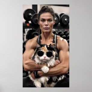 Fitness Girl&Cat in Gym. Workout-Motivation für Fr Poster