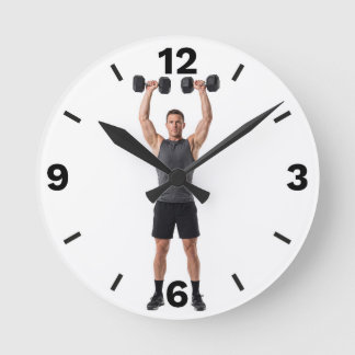 Fitness Man Dumbbell Overhead Press Workout Runde Wanduhr