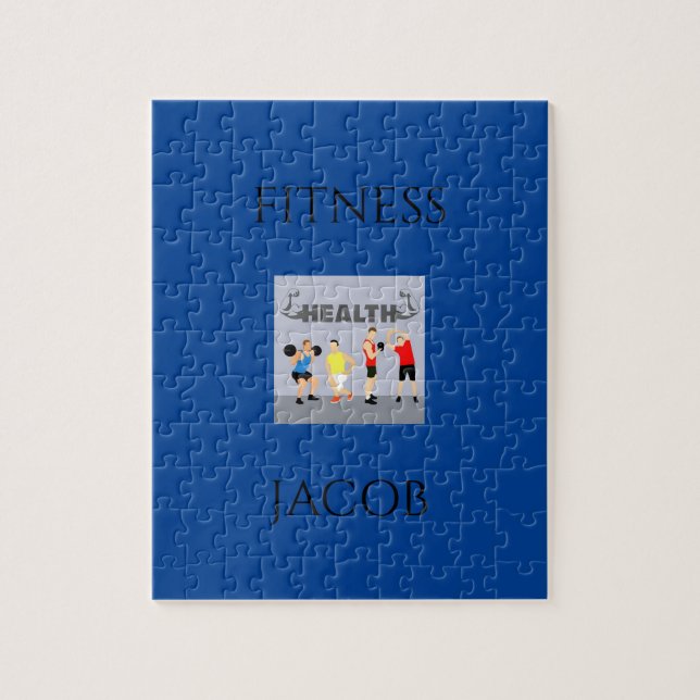Fitness Puzzle in blau mit individuelle Name. (Vertikal)
