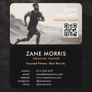 Fitness-Trainer-Foto-QR-Code Schwarz-Weiß Visitenkarte