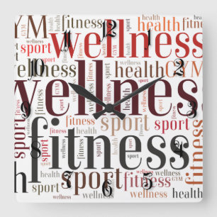 Fitness words quadratische wanduhr