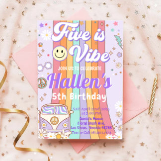 Five a Vibe Groovy Retro Rainbow 5. Geburtstag Einladung