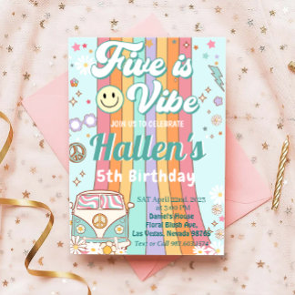Five a Vibe Groovy Retro Rainbow 5. Geburtstag Einladung